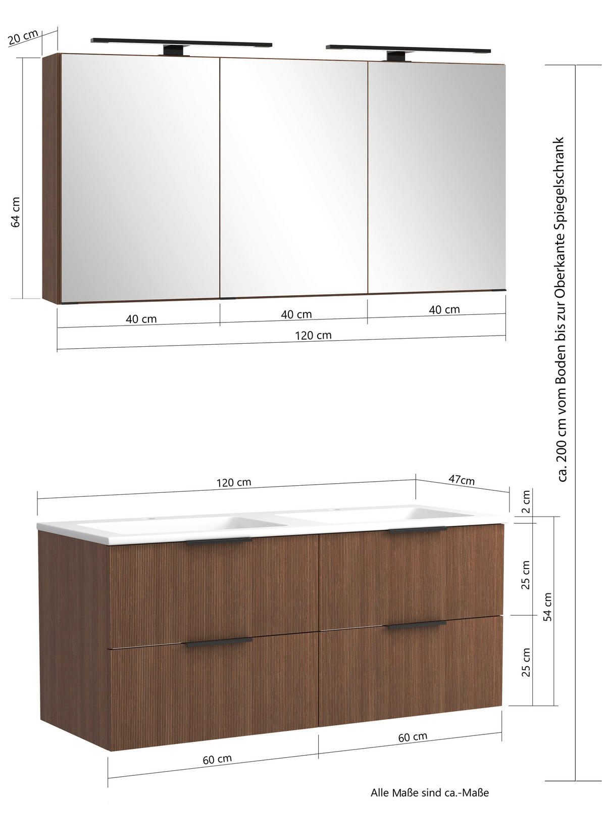 BADEZIMMER 2-teilig  in 120 cm  - Dunkelbraun/Schwarz, Natur, Glas/Holzwerkstoff (120cm) - Held