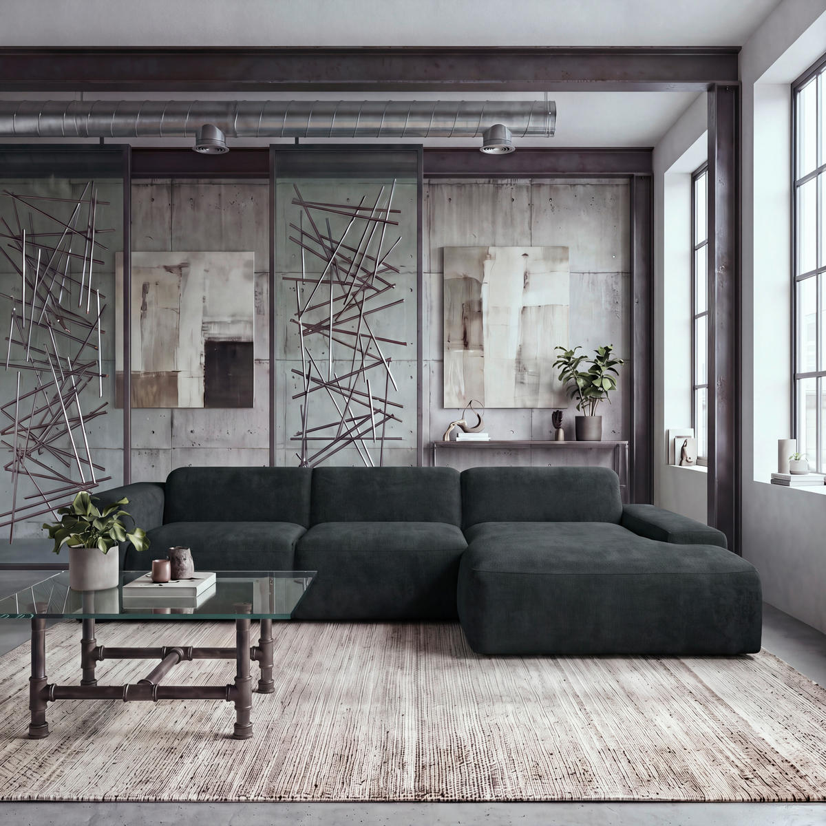 ECKSOFA HANNAH Schwarz Cord  - Schwarz, Design, Kunststoff/Textil (343/170cm) - MID.YOU