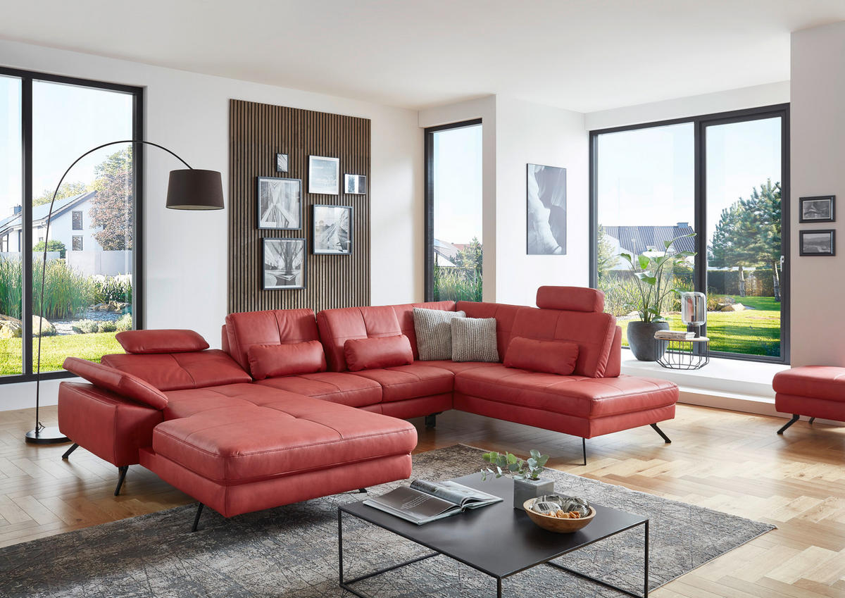 WOHNLANDSCHAFT in Lederlook, Mikrofaser Rot  - Rot/Schwarz, Design, Textil/Metall (179/345/220cm) - Beldomo System
