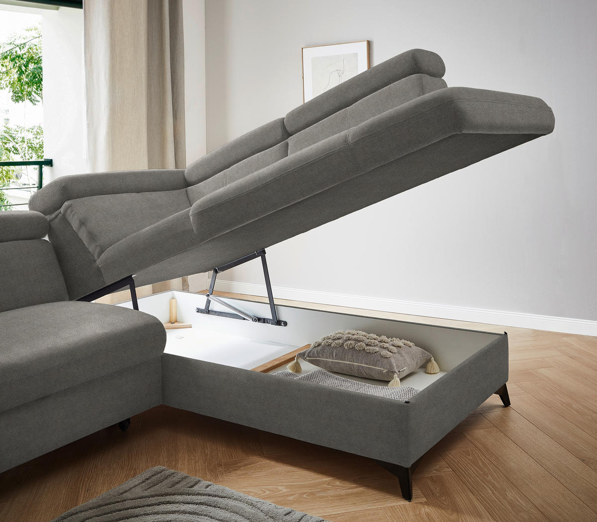 ECKSOFA in Webstoff Grau  - Schwarz/Grau, Design, Textil/Metall (260/203cm) - Stylife