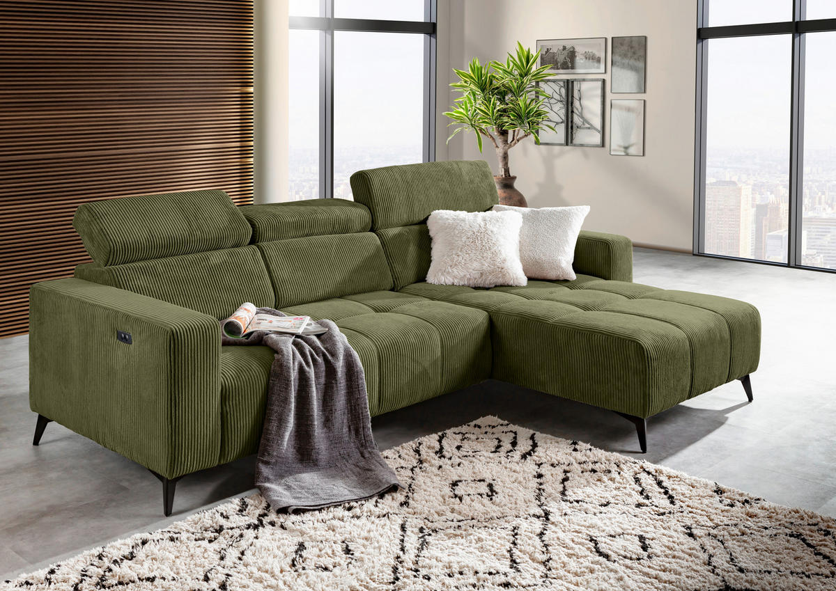 ECKSOFA Dunkelgrün Cord Rücken echt, Kopfteilverstellung, Sitzvorzug  - Dunkelgrün/Schwarz, KONVENTIONELL, Textil/Metall (257/170cm) - Carryhome