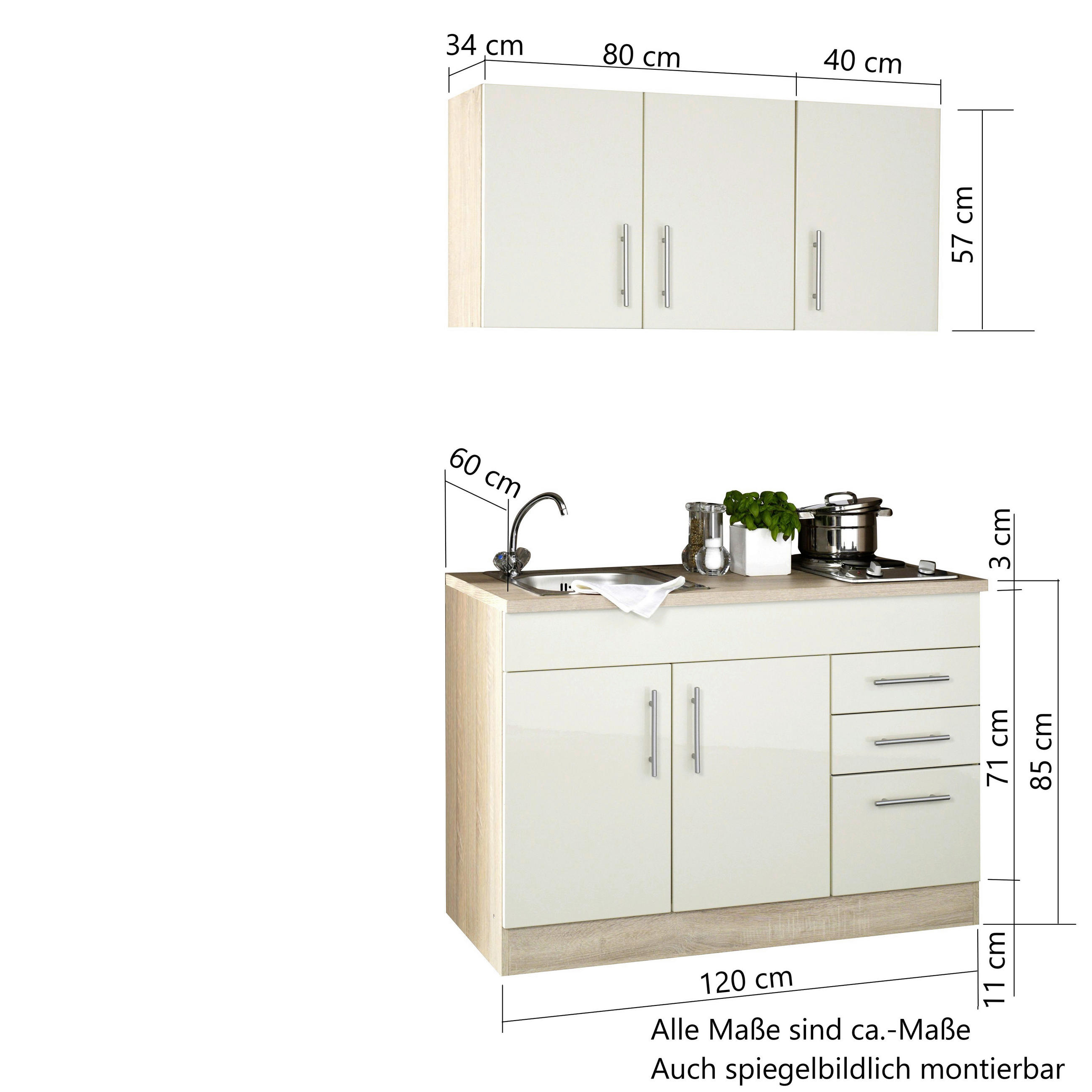 MINIKÜCHE 120 cm   in Creme  - Chromfarben/Eichefarben, Modern, Holzwerkstoff/Metall (120cm) - Held