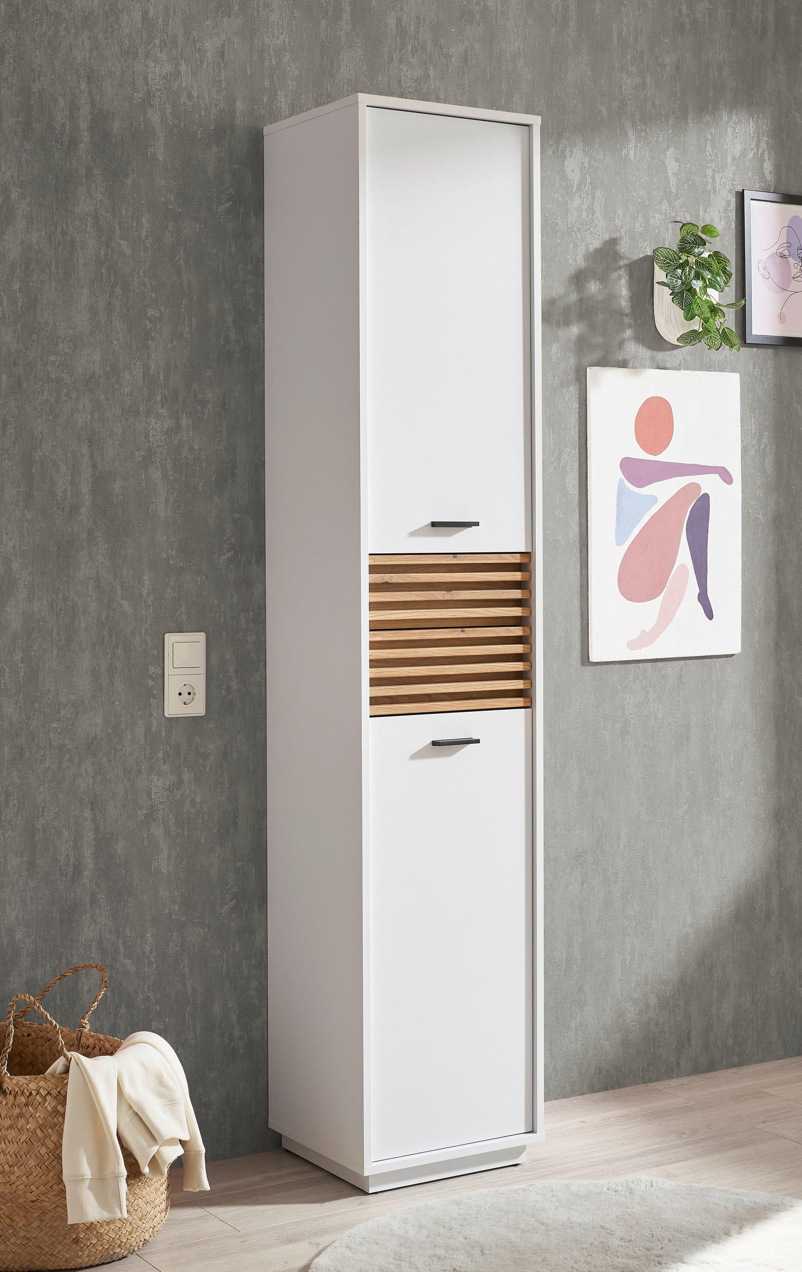 Thumbnail - home24 Hochschrank Liguria, Weiß, Eiche, Kunststoff, 2 Fächer, 2 Schublade(n) Schubladen, 38x191x35 cm, stehend, Badezim...