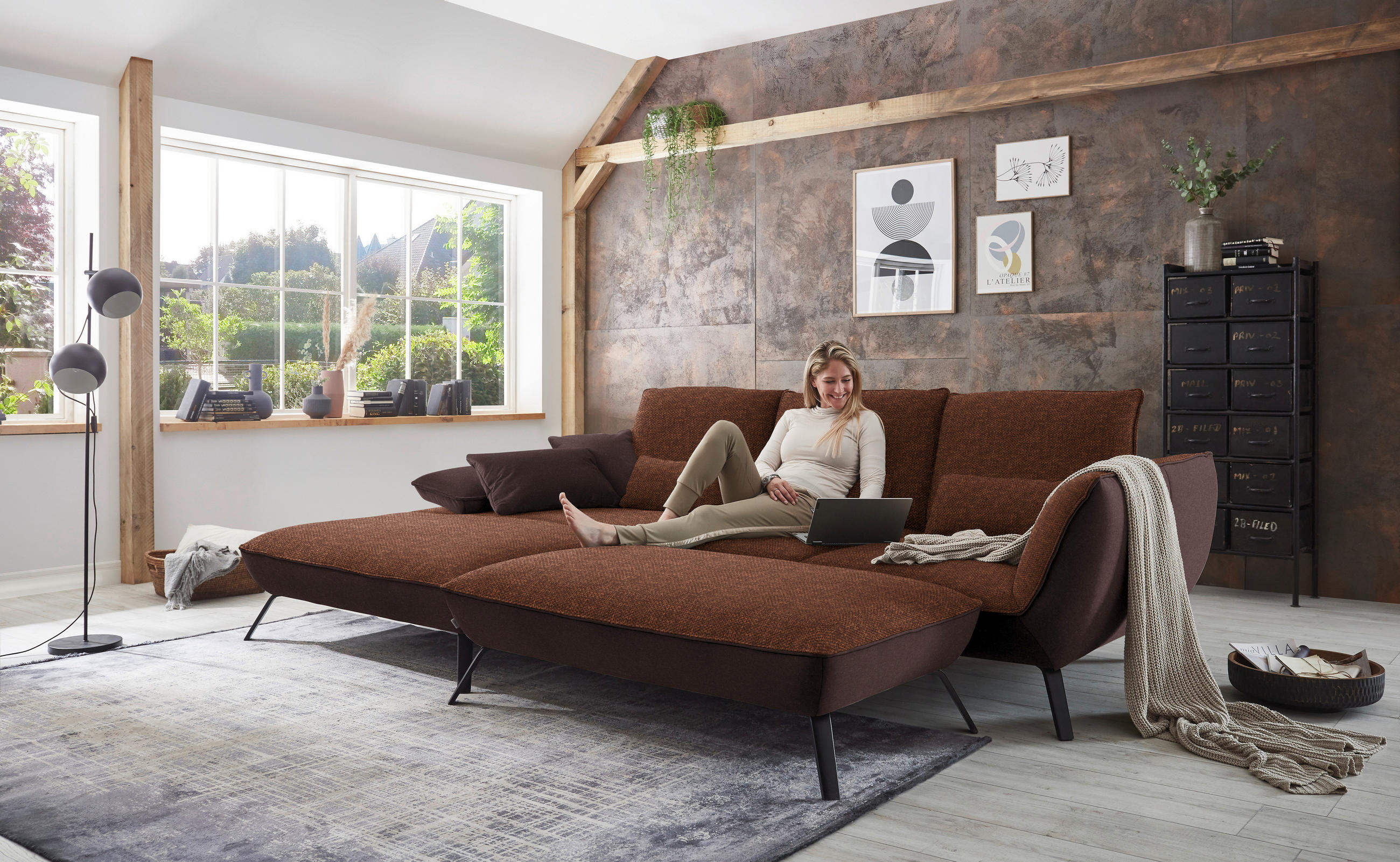 ECKSOFA in Flachgewebe Kupferfarben  - Schwarz/Kupferfarben, Design, Textil/Metall (191/301cm) - Moderano