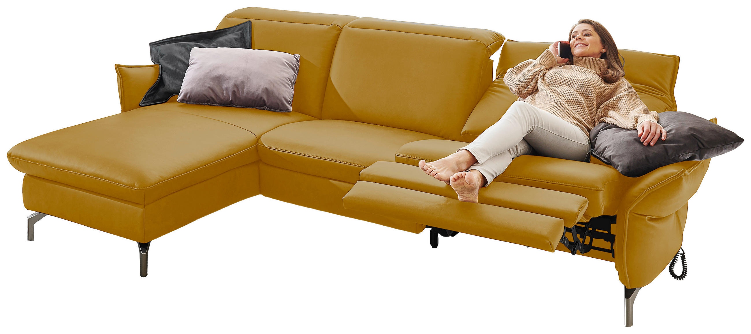 Thumbnail - Livetastic Ecksofa, Gelb, Textil, 4-Sitzer, Ottomane links, L-Form, 233x179 cm, Hocker erhältlich, motorische Relaxfunkt...