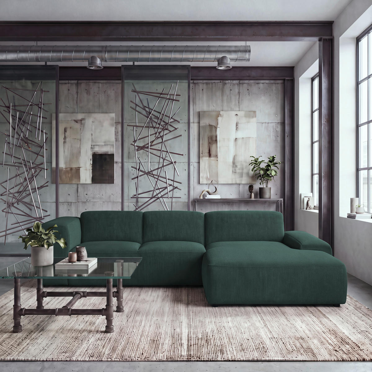 ECKSOFA HANNAH Grün Cord  - Schwarz/Grün, Design, Kunststoff/Textil (304/200cm) - MID.YOU