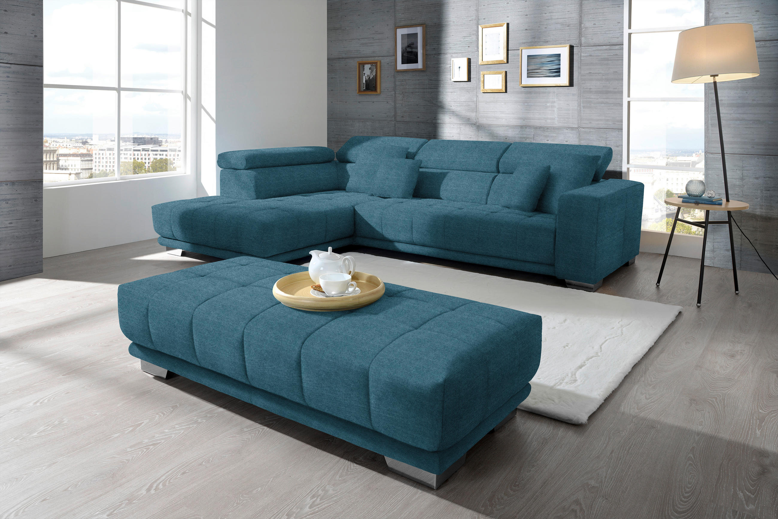CANAPÉ D'ANGLE in Mikrofaser Blau  - Chromfarben/Blau, Design, Textil/Metall (207/301cm) - Xora
