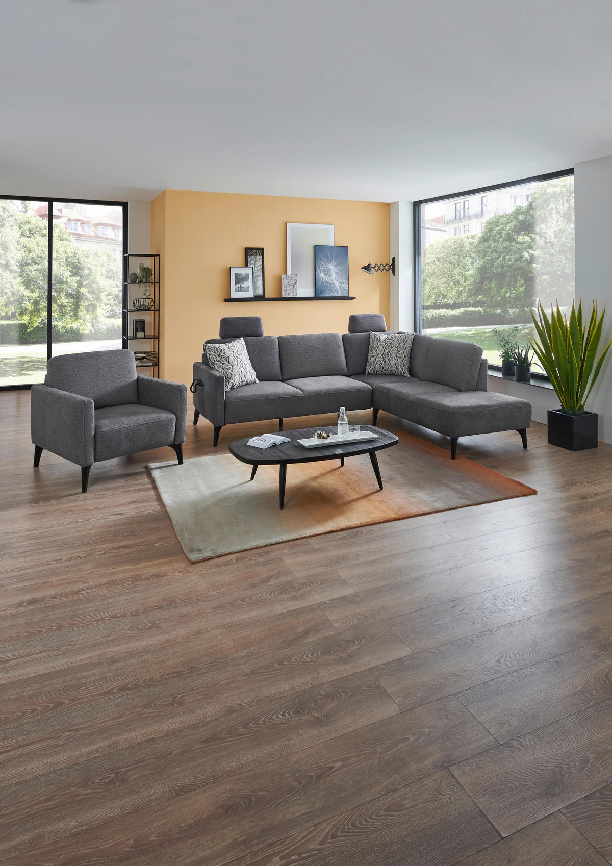 ECKSOFA Mikrofaser Grau  - Schwarz/Grau, Design, Textil/Metall (255/218cm) - Elegando