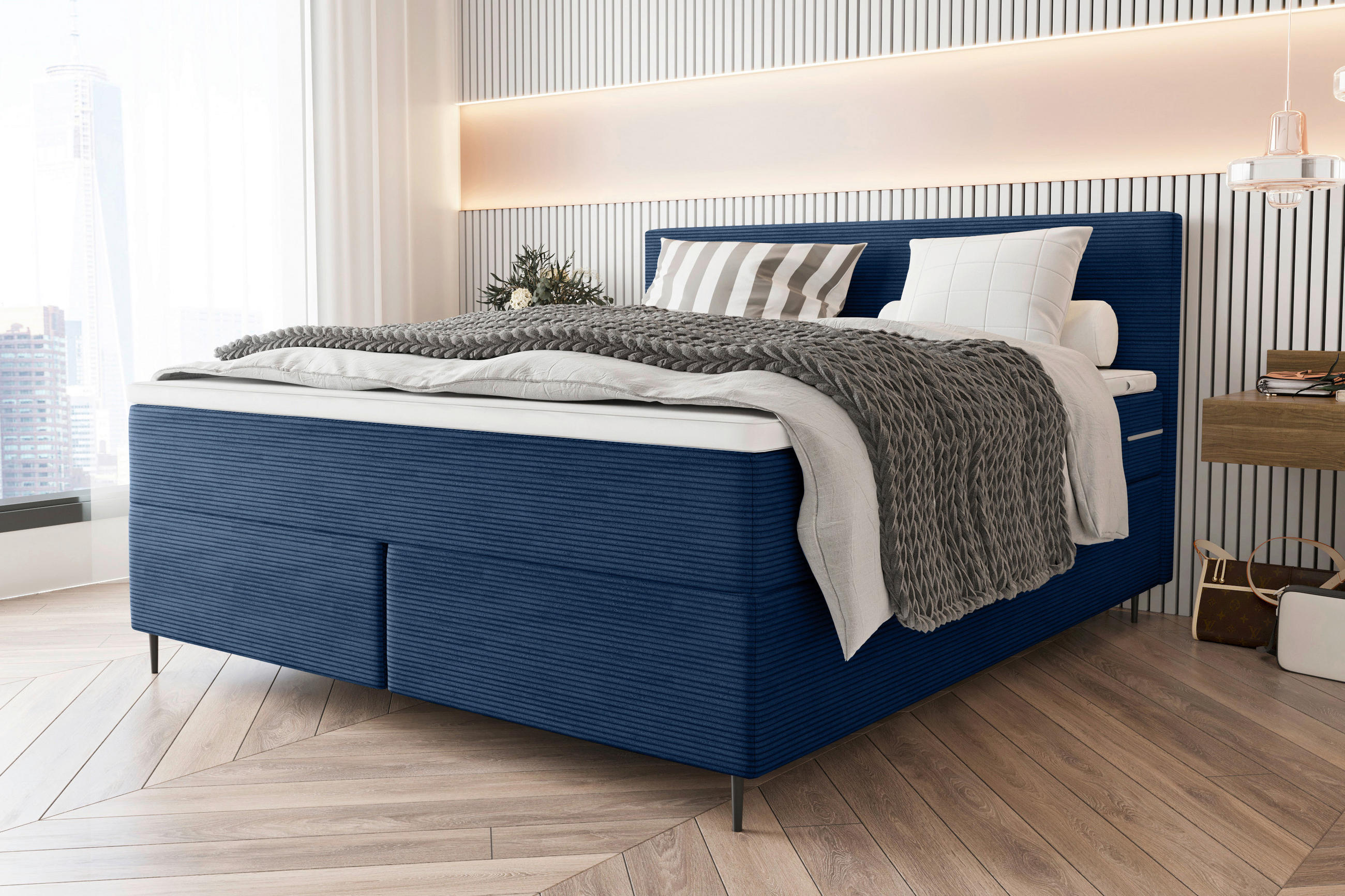 BOXSPRINGBETT 180/200 cm  in Dunkelblau  - Schwarz/Dunkelblau, KONVENTIONELL, Textil/Metall (180/200cm) - Boxxx