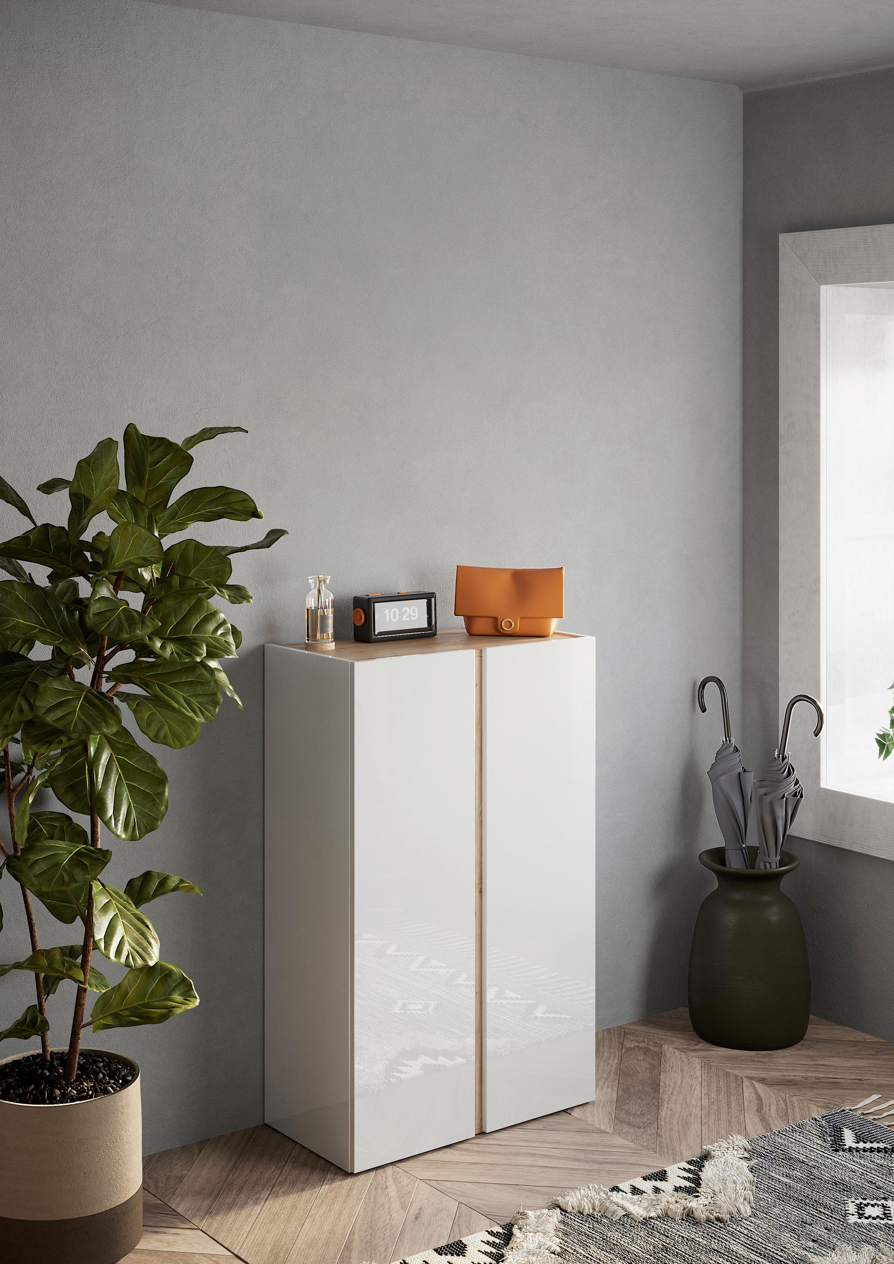 OMARA ZA ČEVLJE bela, visoki sijaj - črna/barve hrasta, Design, umetna masa/leseni material (70/111/35cm) - Carryhome