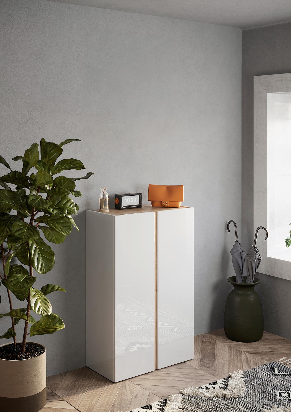 OMARA ZA ČEVLJE bela, visoki sijaj - črna/barve hrasta, Design, umetna masa/leseni material (70/111/35cm) - Carryhome