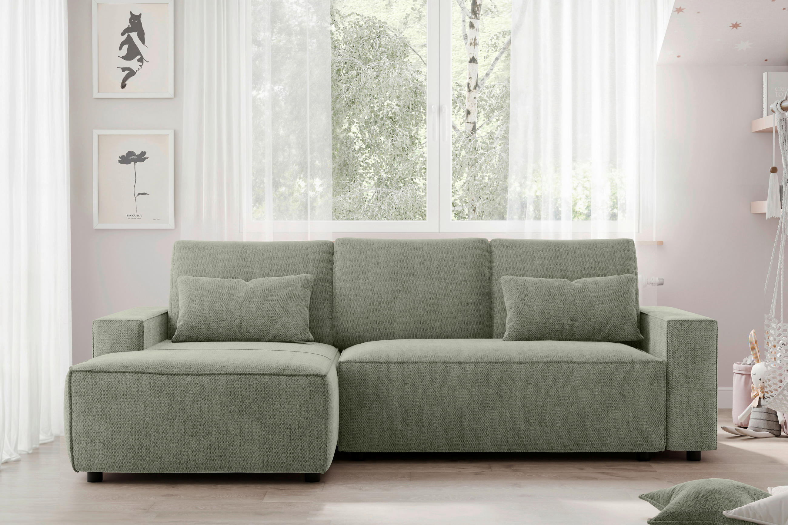 ECKSCHLAFSOFA  mit Rücken echt Chenille Dunkelgrün  - Dunkelgrün/Schwarz, MODERN, Kunststoff/Textil (154/247cm) - Livetastic