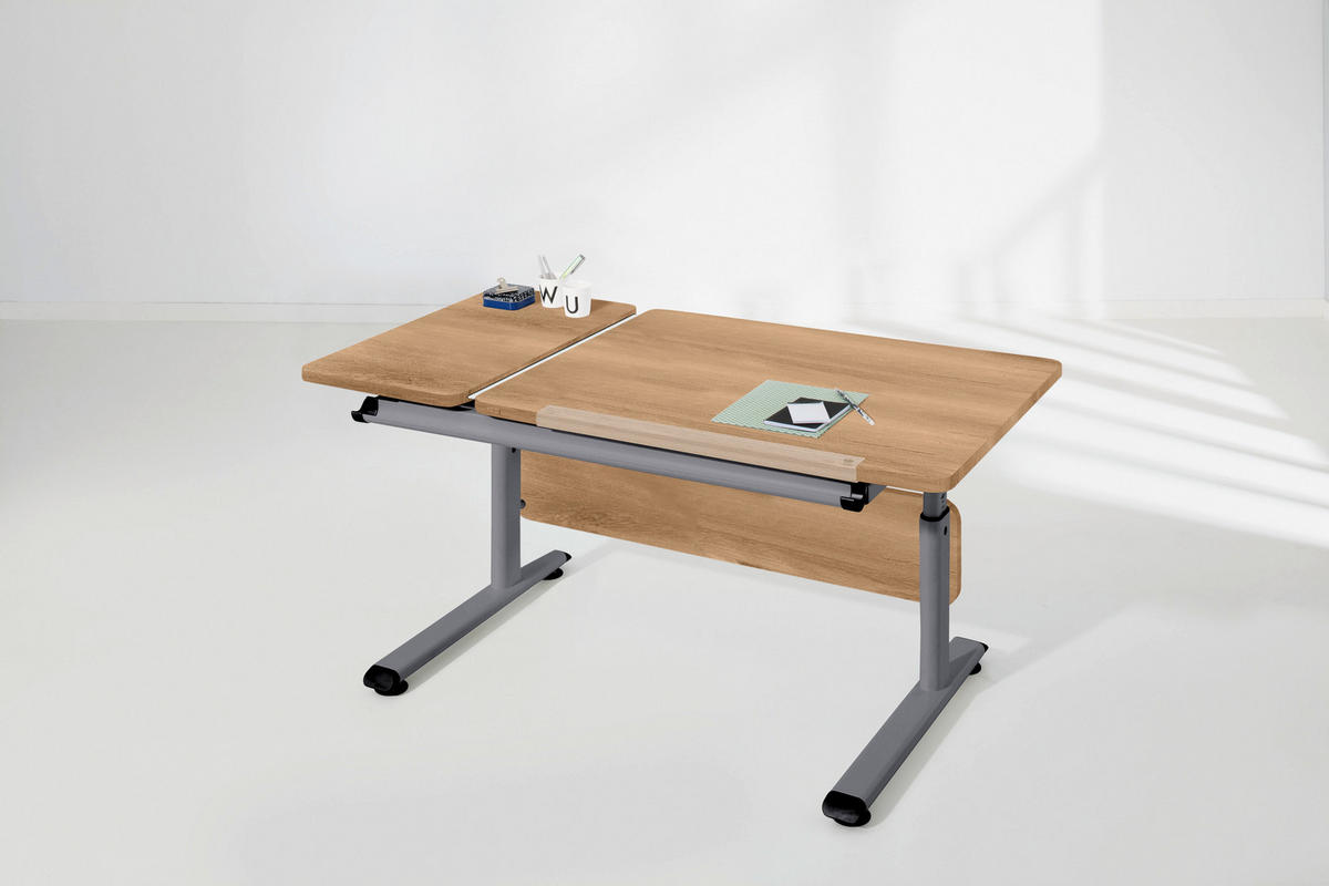 IFJÚSÁGI ÍRÓASZTAL  - ezüst/tölgyfa, Basics, faalapú anyag/fém (130/70/53-79cm) - Paidi