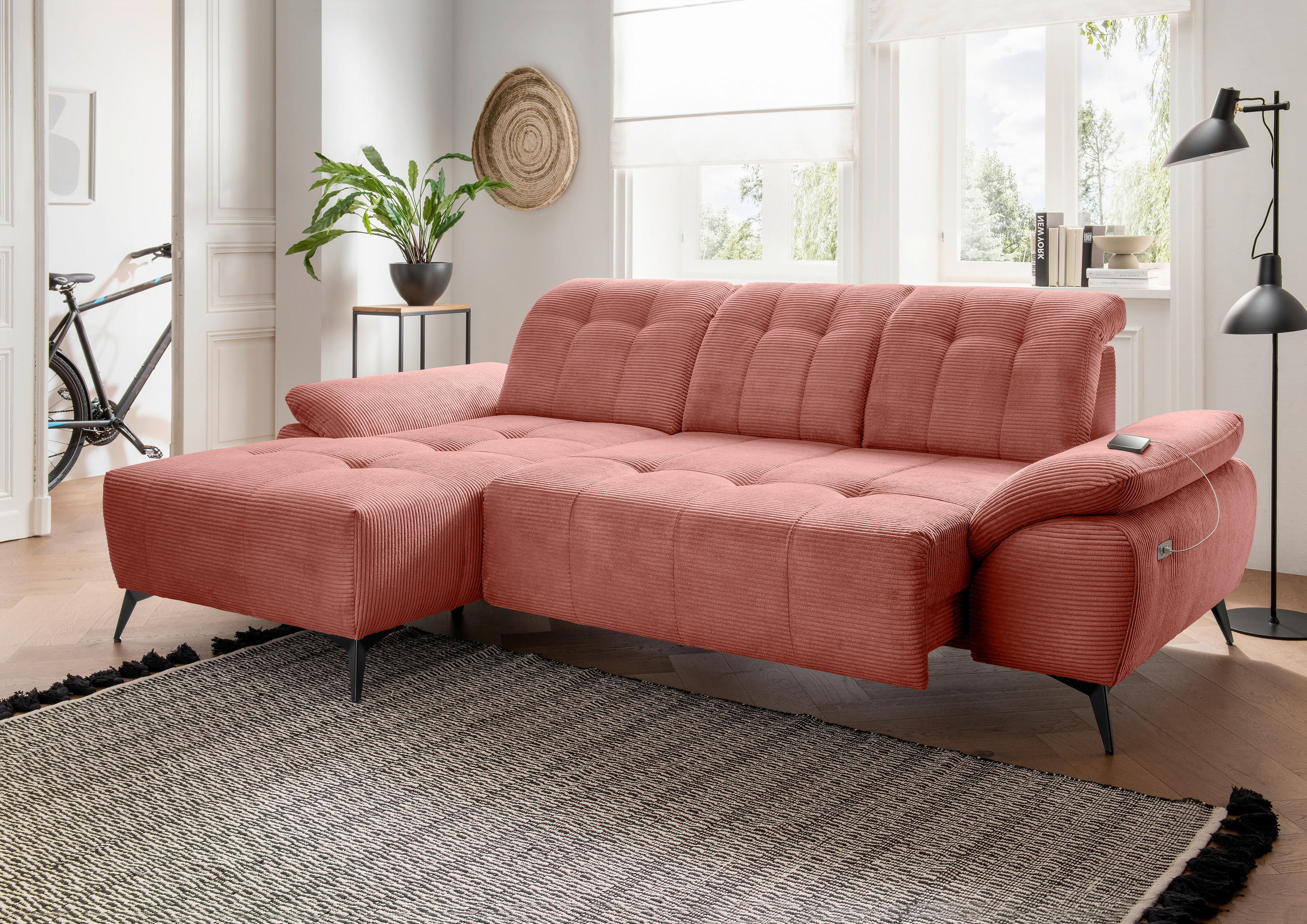 ECKSOFA FIORE Koralle Cord Kopfteilverstellung, Sitzvorzug  - Koralle/Schwarz, MODERN, Textil/Metall (180/280cm) - Livetastic