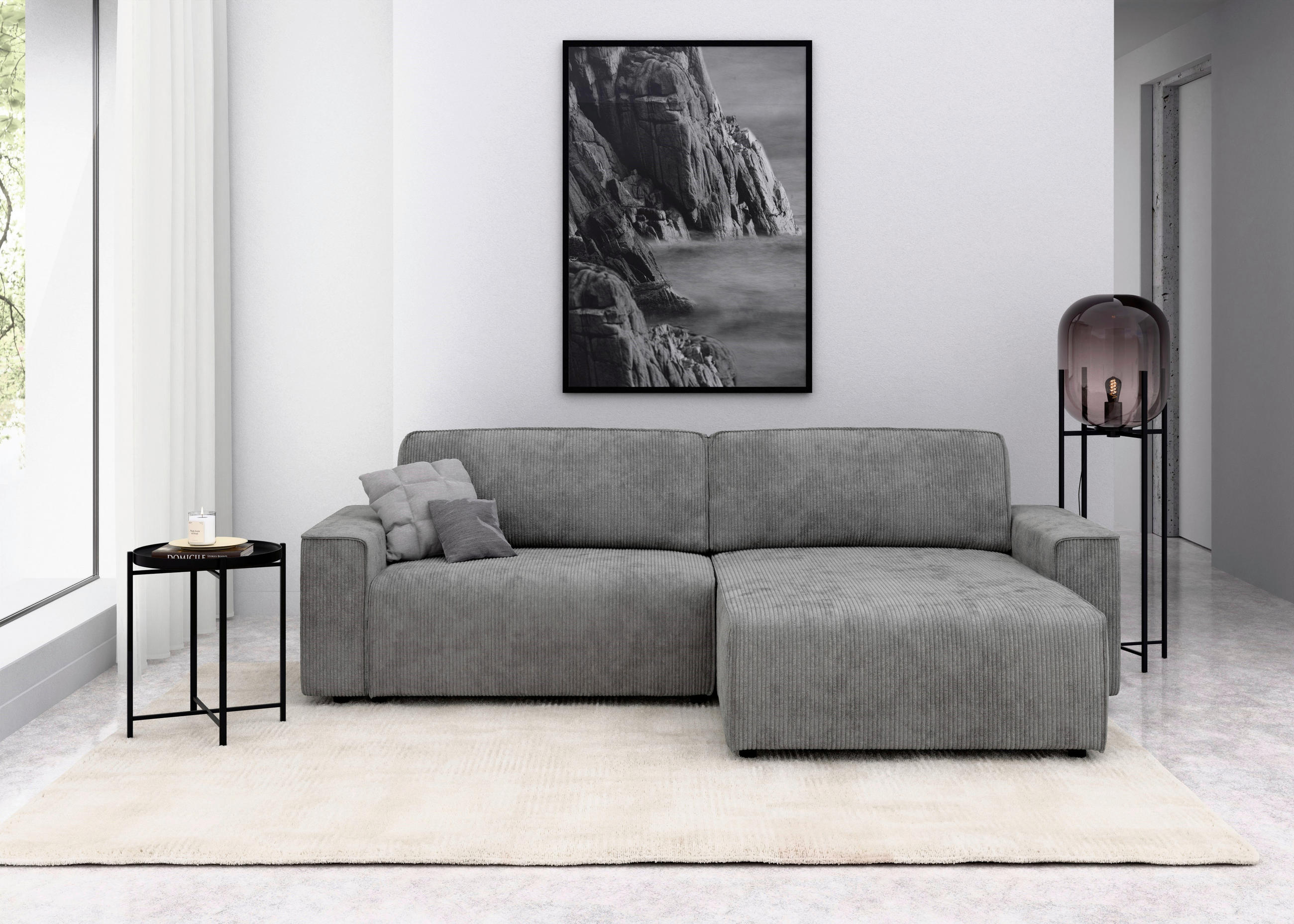 ECKSOFA in Cord Grau  265/164 cm  - Schwarz/Grau, MODERN, Kunststoff/Textil (265/164cm) - Trendmanufaktur