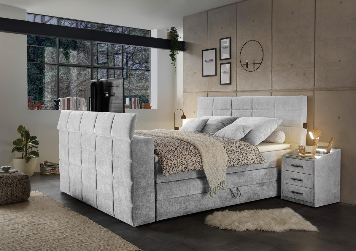 BOXSPRINGBETT 180/200 cm,  in Silberfarben, Matratze, Bettkasten, Topper, Fernbedienung, unterschiedliche Matratzenhärtegrade je Bettseite, Wendematratze mit unterschiedlichen Härtegraden, H2 + H3 = mittel + fest  - Silberfarben, KONVENTIONELL, Textil (180/200cm) - Boxxx