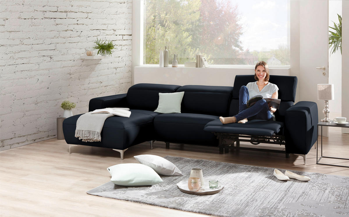 ECKSOFA in Echtleder Dunkelblau  - Chromfarben/Dunkelblau, Design, Leder/Metall (177/292cm) - Pure Home Lifestyle