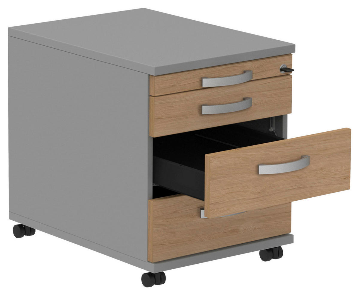 ROLLCONTAINER 42,7/54,4/60 cm  - Eichefarben/Alufarben, Konventionell, Holzwerkstoff/Metall (42,7/54,4/60cm) - Moderano