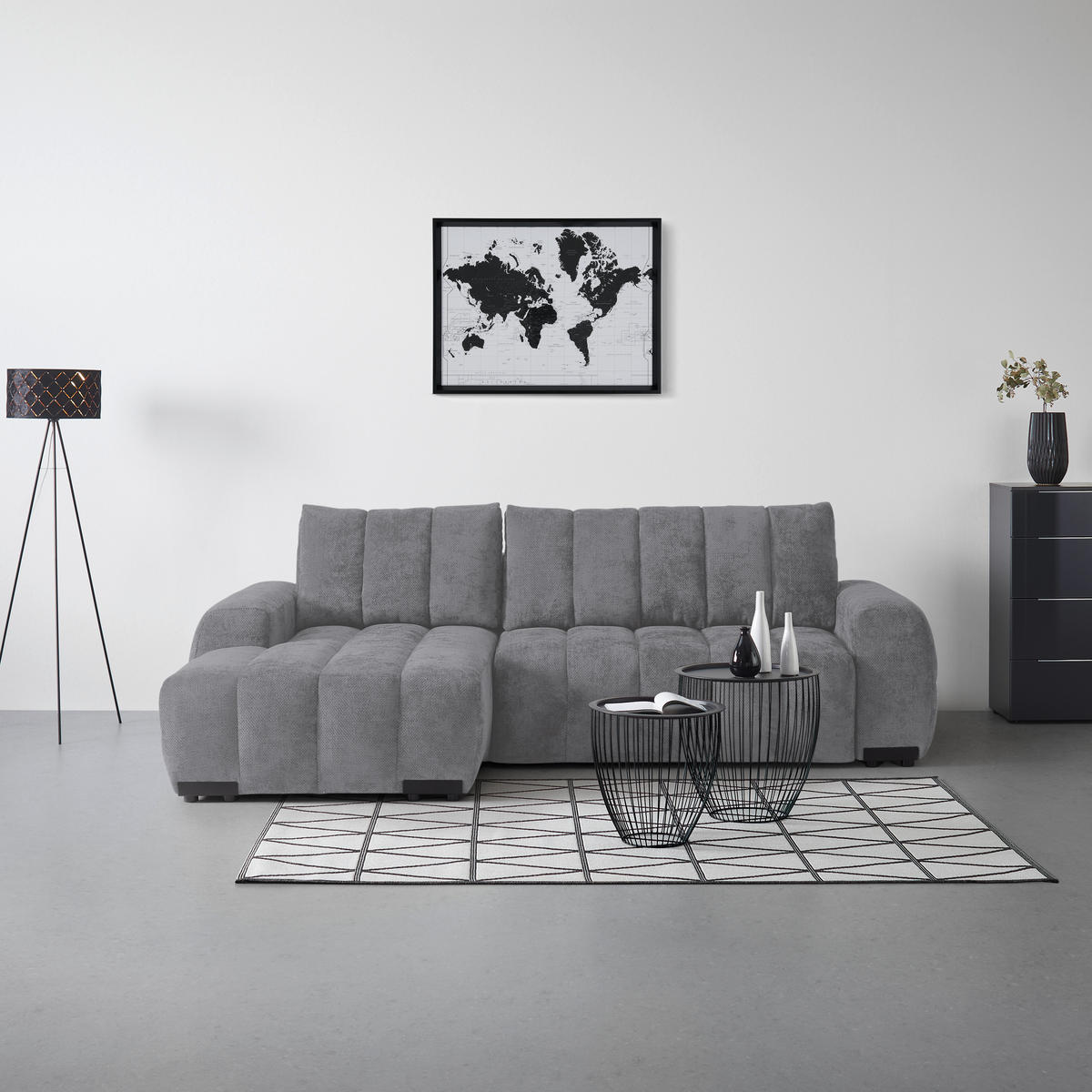 ECKSOFA Flachgewebe Grau  - Schwarz Hochglanz/Grau, Modern, Textil/Metall (166/93/273cm) - MID.YOU