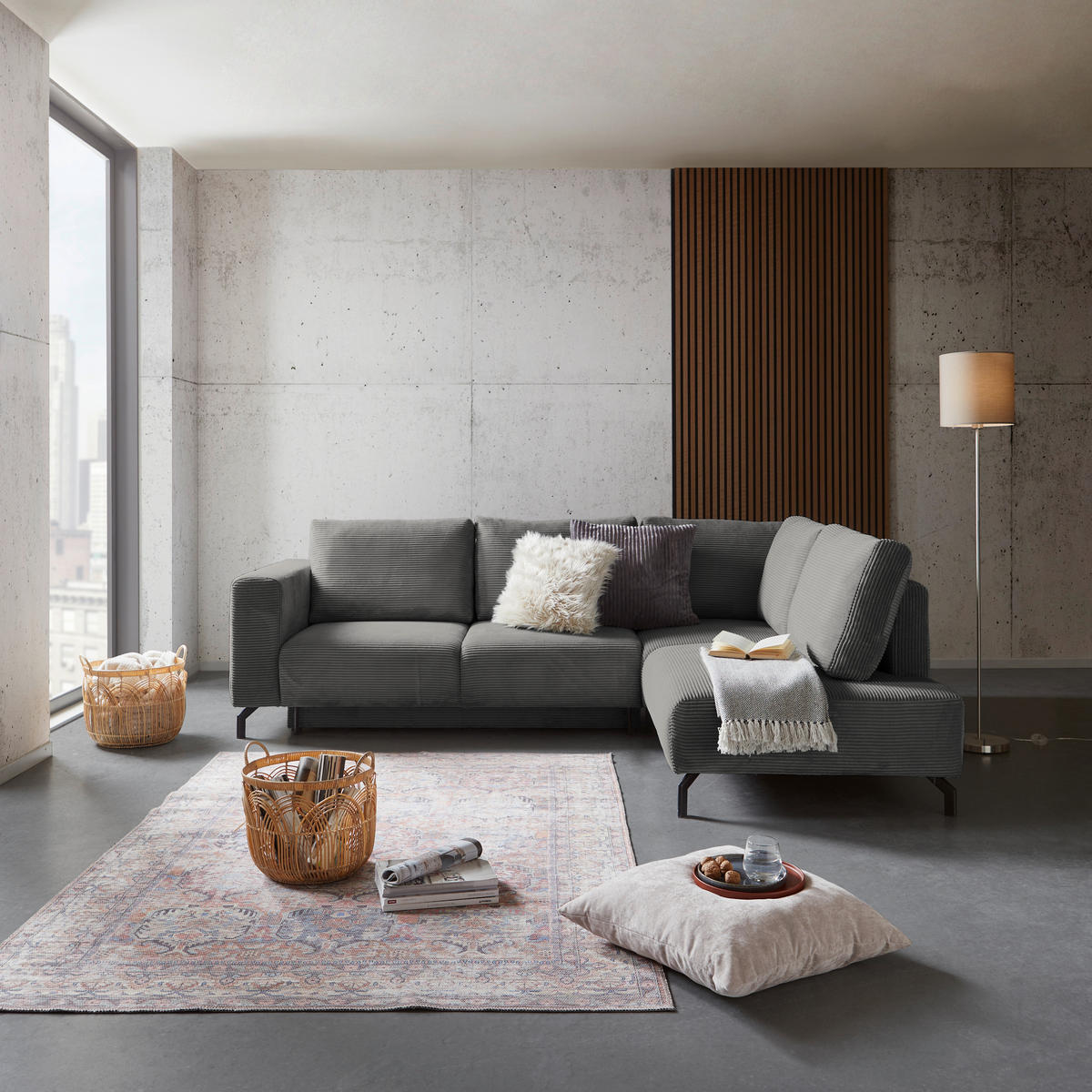 ECKSOFA Grau Cord  - Schwarz/Grau, MODERN, Textil (272/210cm) - P & B