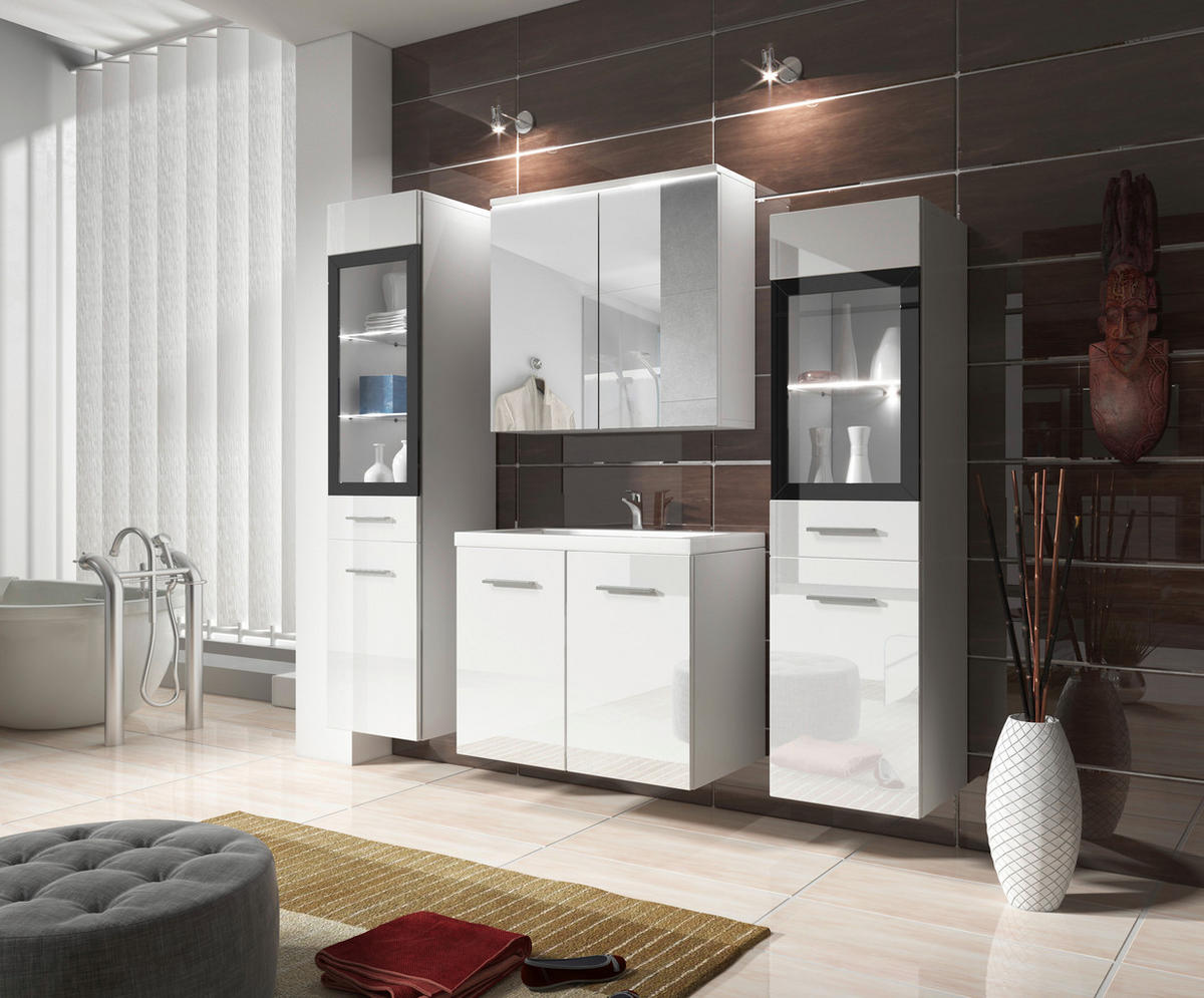 BADEZIMMER 5-teilig  in 120 cm  - Weiss Hochglanz/Weiss, Basics, Glas/Holzwerkstoff (120cm) - P & B