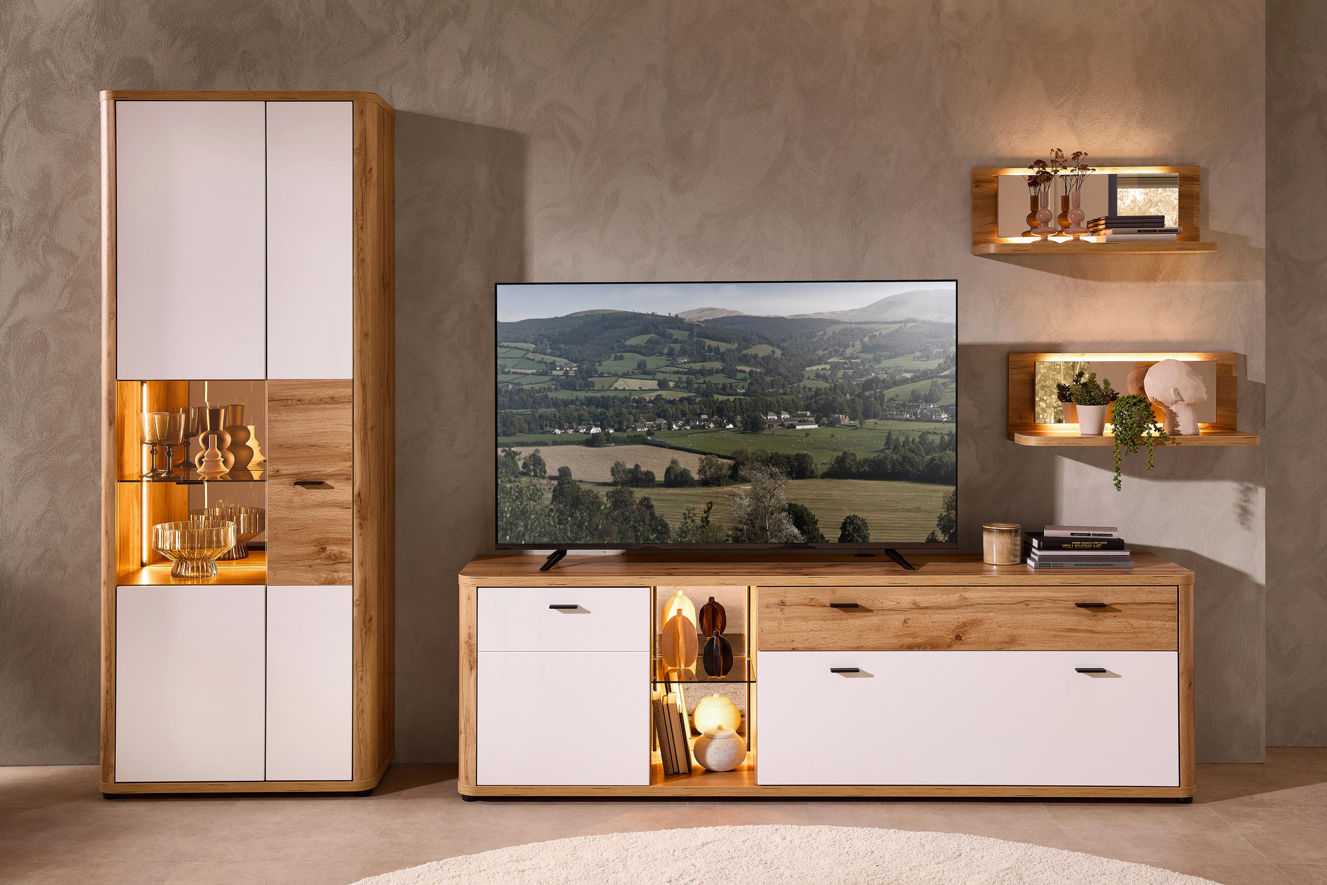 Thumbnail - Xora Wohnwand, Weiß, Eiche Wotan, Metall, 4-teilig, 11 Fächer, 1 Schublade(n) Schubladen, 335x204x39 cm, Beimöbel erhält...