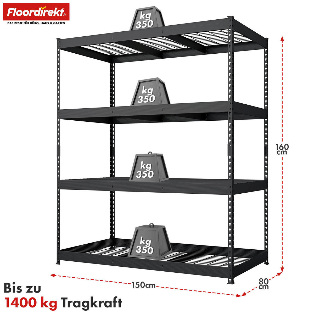 SCHWERLASTREGAL 150/160/80 cm  - Schwarz, Basics, Metall (150/160/80cm) - Floordirekt
