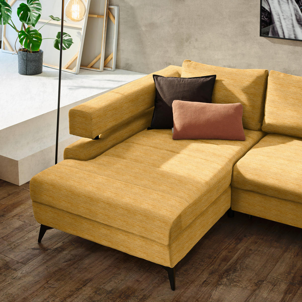 ECKSOFA in Chenille Currygelb  - Currygelb/Schwarz, Konventionell, Textil/Metall (184/75-89/265cm) - Hom`in