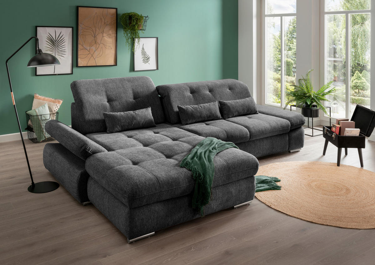 ECKSOFA in Chenille Anthrazit  - Chromfarben/Anthrazit, Design, Textil/Metall (196/300cm) - Livetastic
