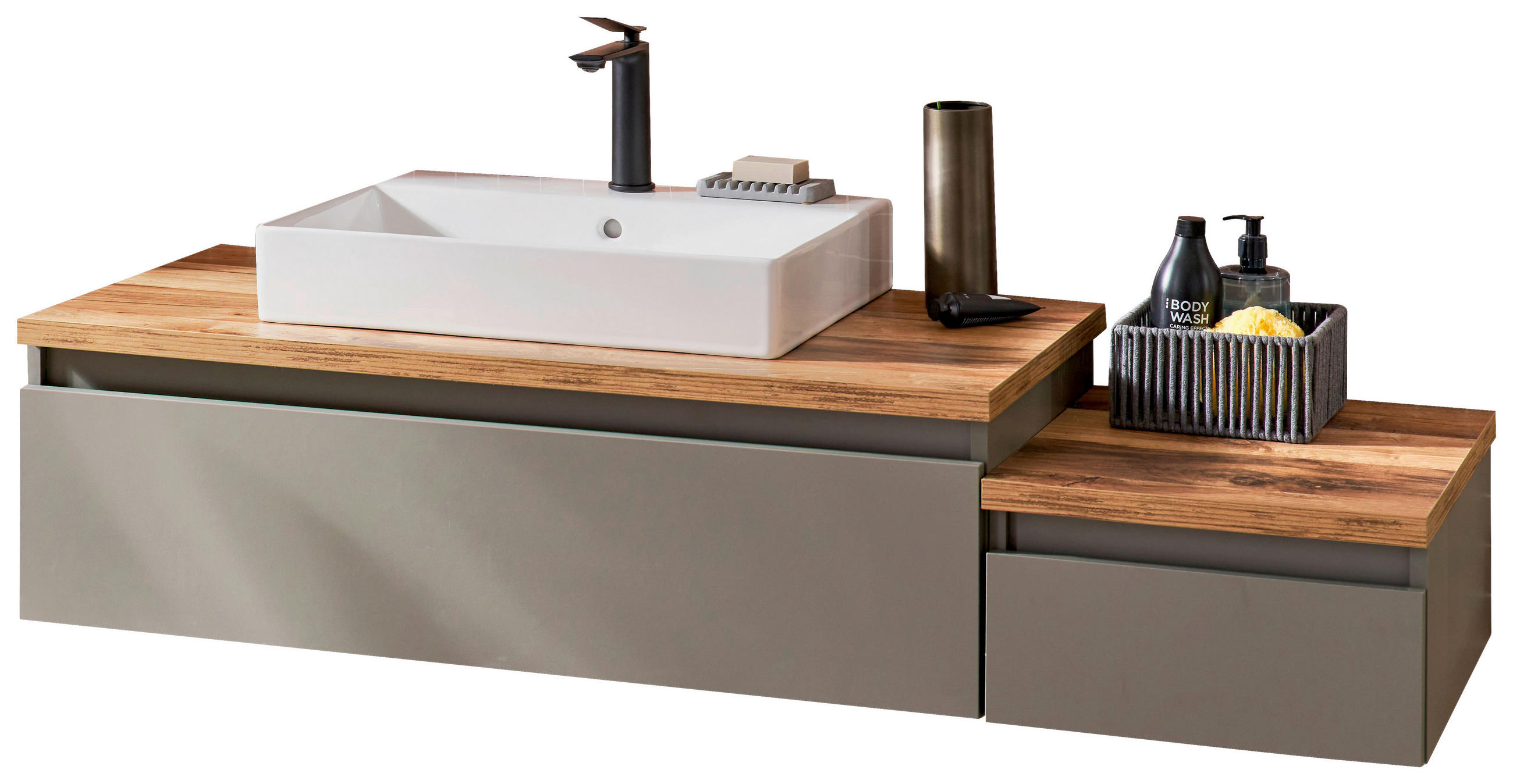 Thumbnail - Schöner Wohnen Waschtischkombi Stockholm, Grün, Eiche, Holzwerkstoff, 2 Schublade(n) Schubladen, 141.2 cm, Goldenes M, M...