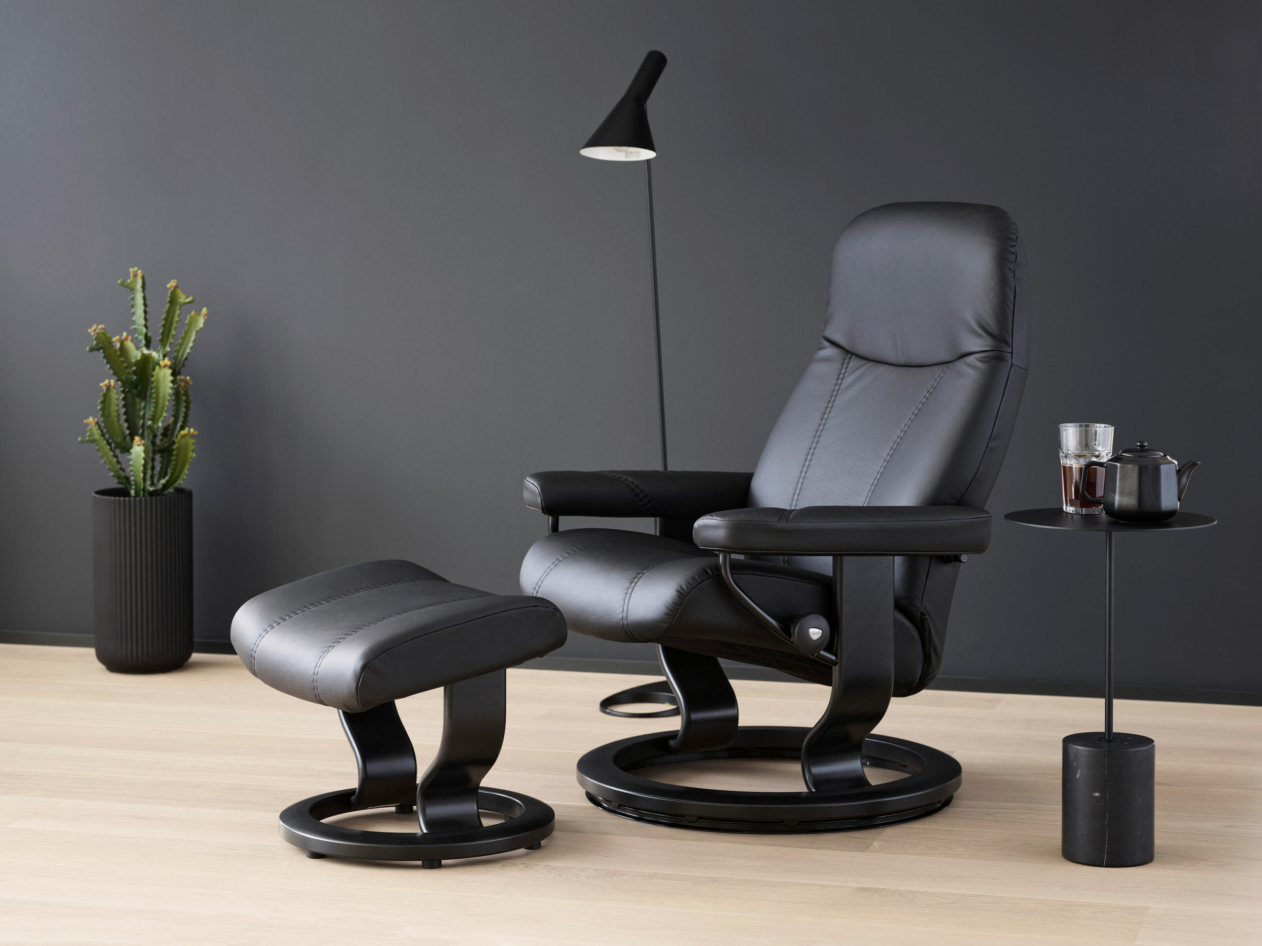 RELAXSESSELSET Echtleder Relaxfunktion, Hocker    - Schwarz, Design, Leder/Holz (76/100/71cm) - Stressless