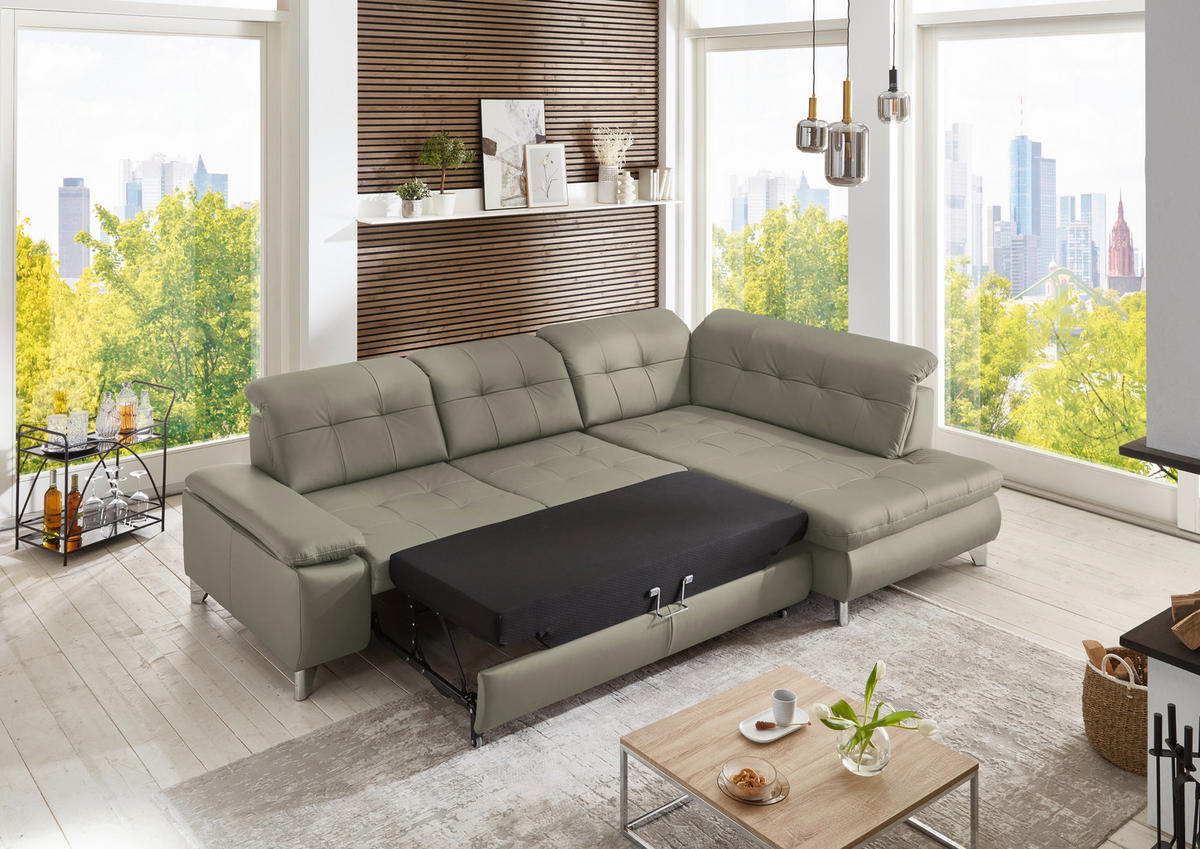 ECKSOFA Echtleder Hellgrau  - Hellgrau/Alufarben, Design, Leder/Metall (309/211cm) - Beldomo Speed