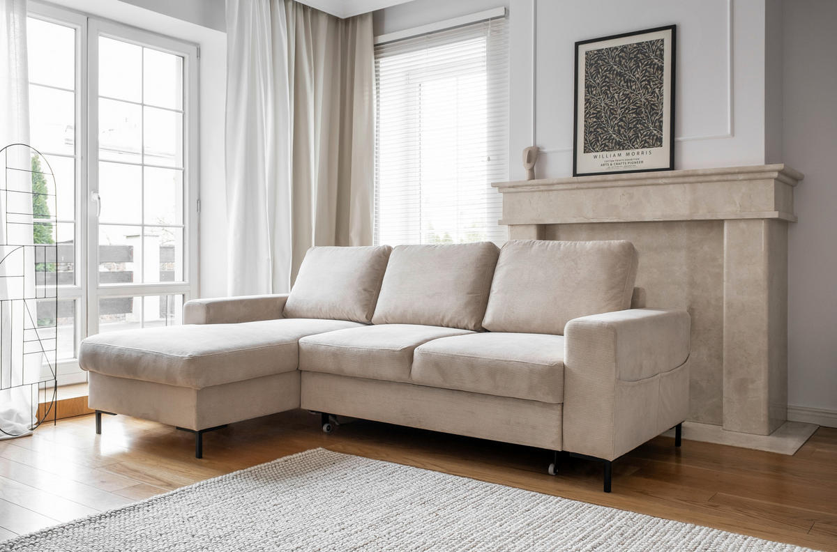 ECKSOFA Beige Cord  - Beige/Schwarz, Design, Textil/Metall (148/236cm) - MID.YOU