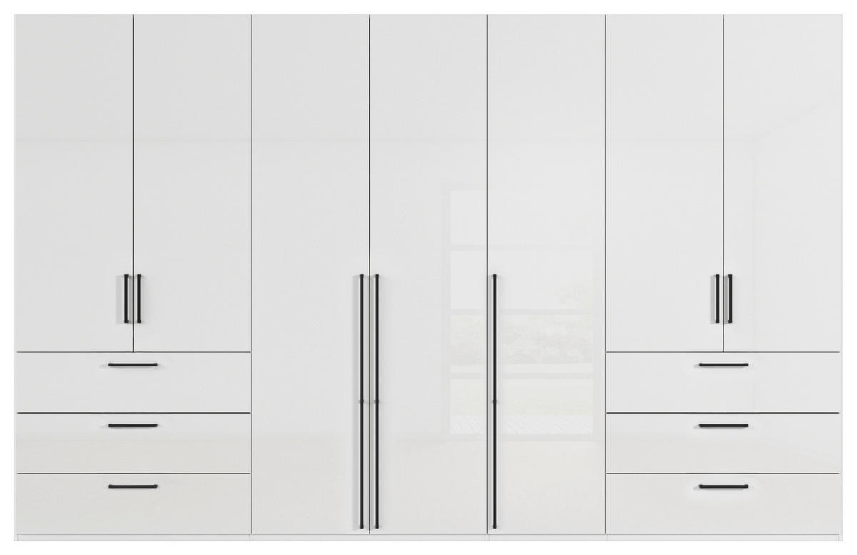 DREHTÜRENSCHRANK 350/235/61 cm,  in Weiß, Weiß Hochglanz, 7-türig  - Weiß Hochglanz/Schwarz, Basics, Holzwerkstoff/Metall (350/235/61cm) - Novel