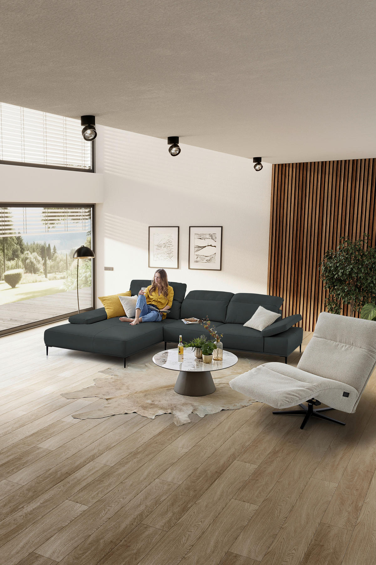 ECKSOFA Echtleder Schwarz  - Schwarz, Modern, Leder/Metall (206/322cm) - Chilliano