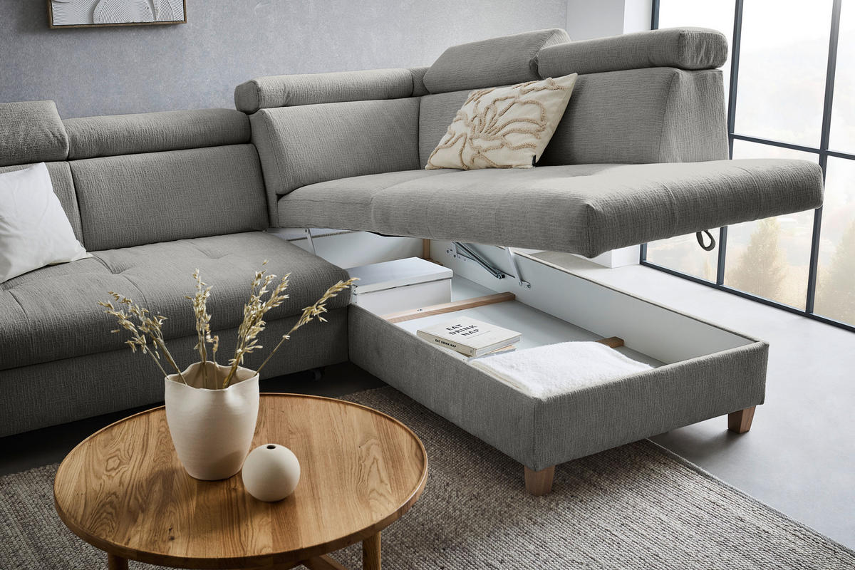ECKSOFA inkl. Funktionen Dunkelgrau Samt  - Dunkelgrau, Natur, Holz/Textil (261/206cm) - Venda