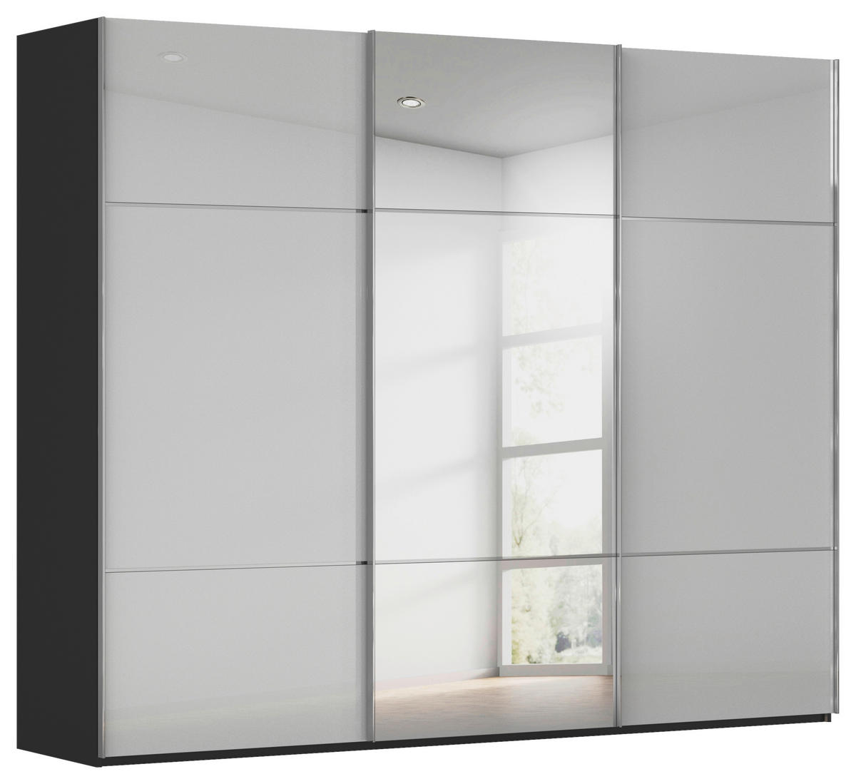 SCHWEBETÜRENSCHRANK 301/223/68 cm 3-türig Grau, Schwarz  - Chromfarben/Schwarz, KONVENTIONELL, Glas/Holzwerkstoff (301/223/68cm) - Novel