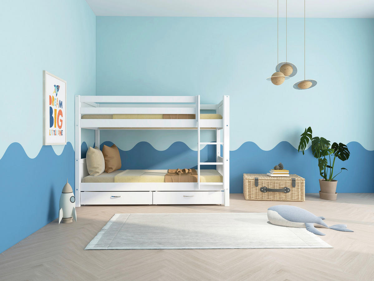 ETAGENBETT 90/200 cm,  in Absturzsicherung, Leiter, Lattenrost, Rollroste  - Weiß, MODERN, Holz (90/200cm) - Chameo