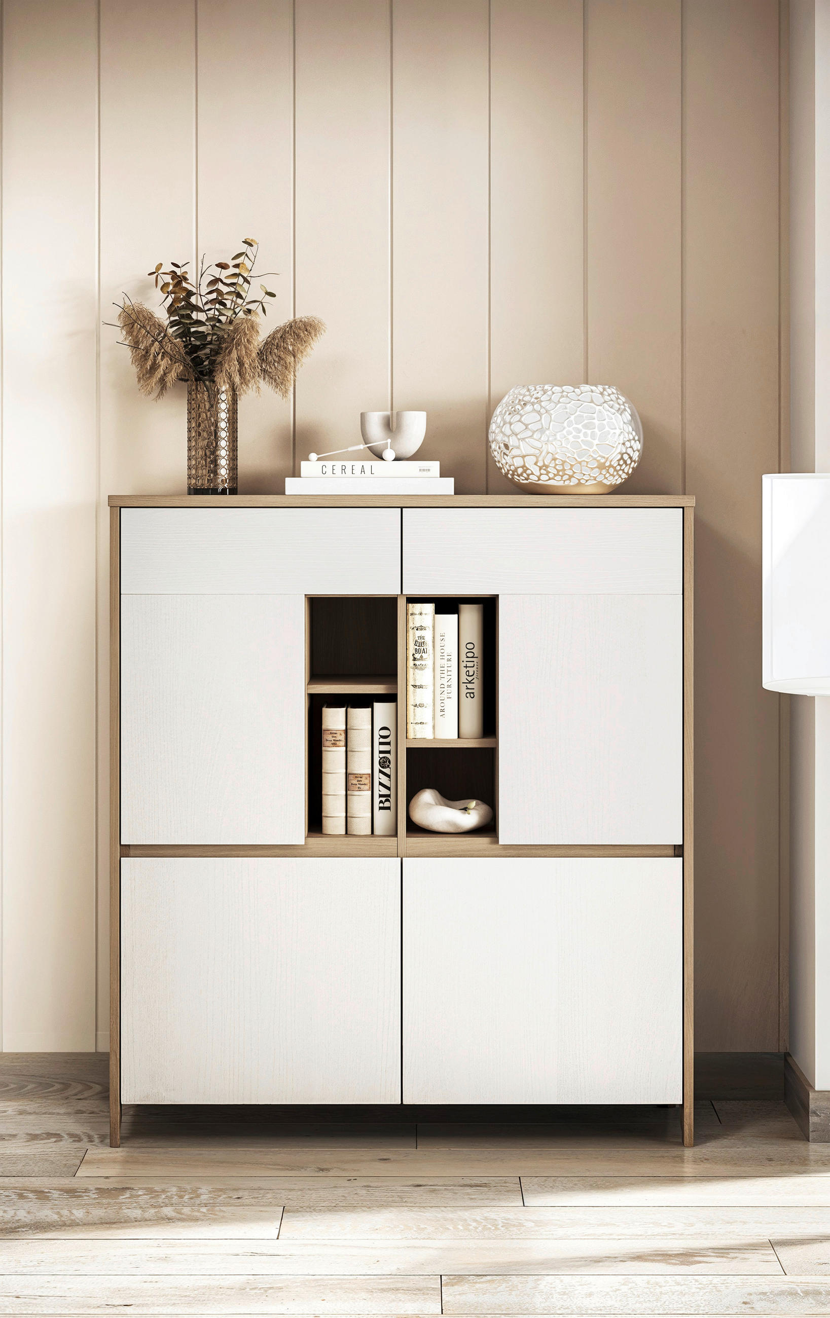 HIGHBOARD , 111/125/39 cm,  - Eichefarben/Weiß, Design, Holzwerkstoff (111/125/39cm) - MID.YOU