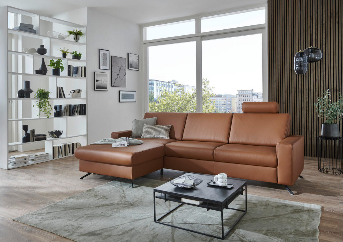 ECKSOFA in Echtleder Cognac  - Cognac/Schwarz, Design, Leder/Metall (165/267cm) - Lomoco