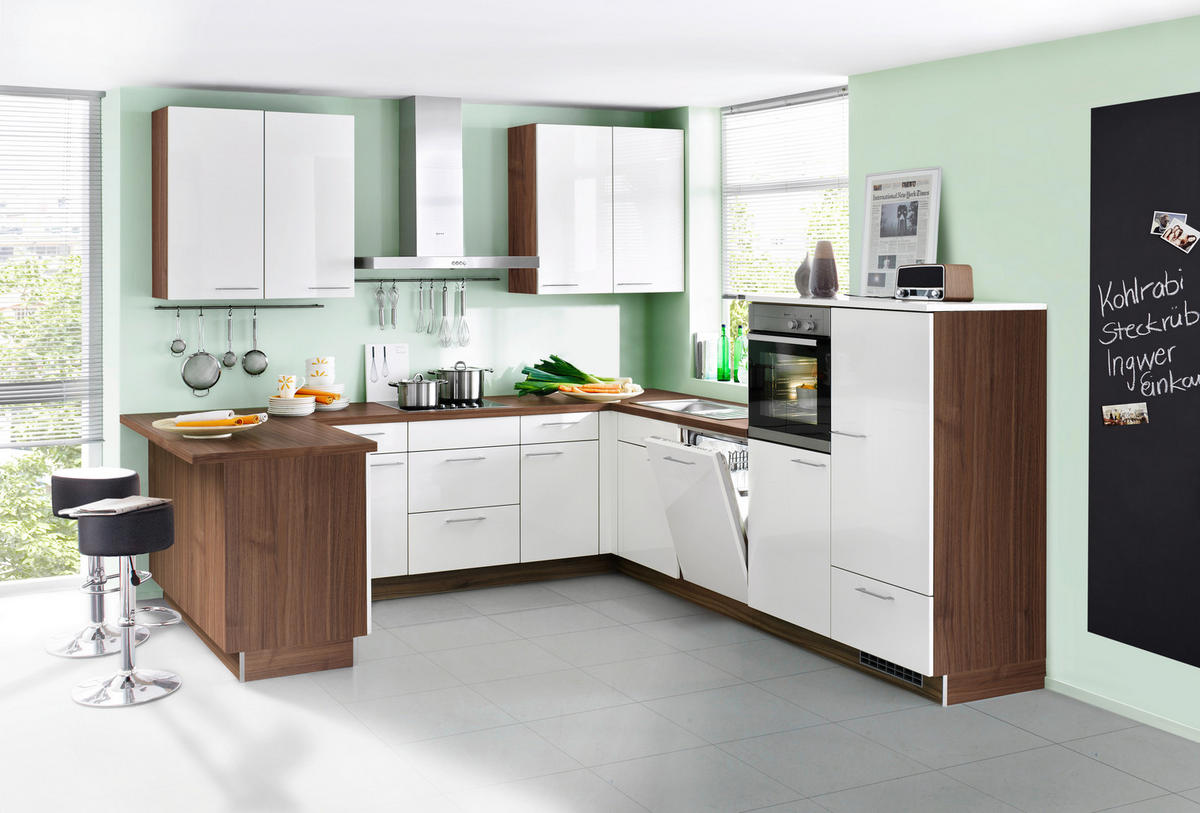 EINBAUKÜCHE LUX  - Nussbaumfarben/Weiß, Design, Holzwerkstoff - Nolte Küchen