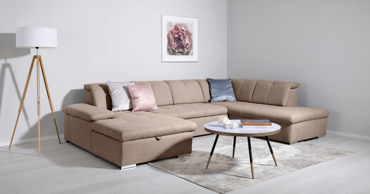 WOHNLANDSCHAFT in Hellbraun  - Hellbraun/Grau, Design, Textil/Metall (173/328/215cm) - MID.YOU