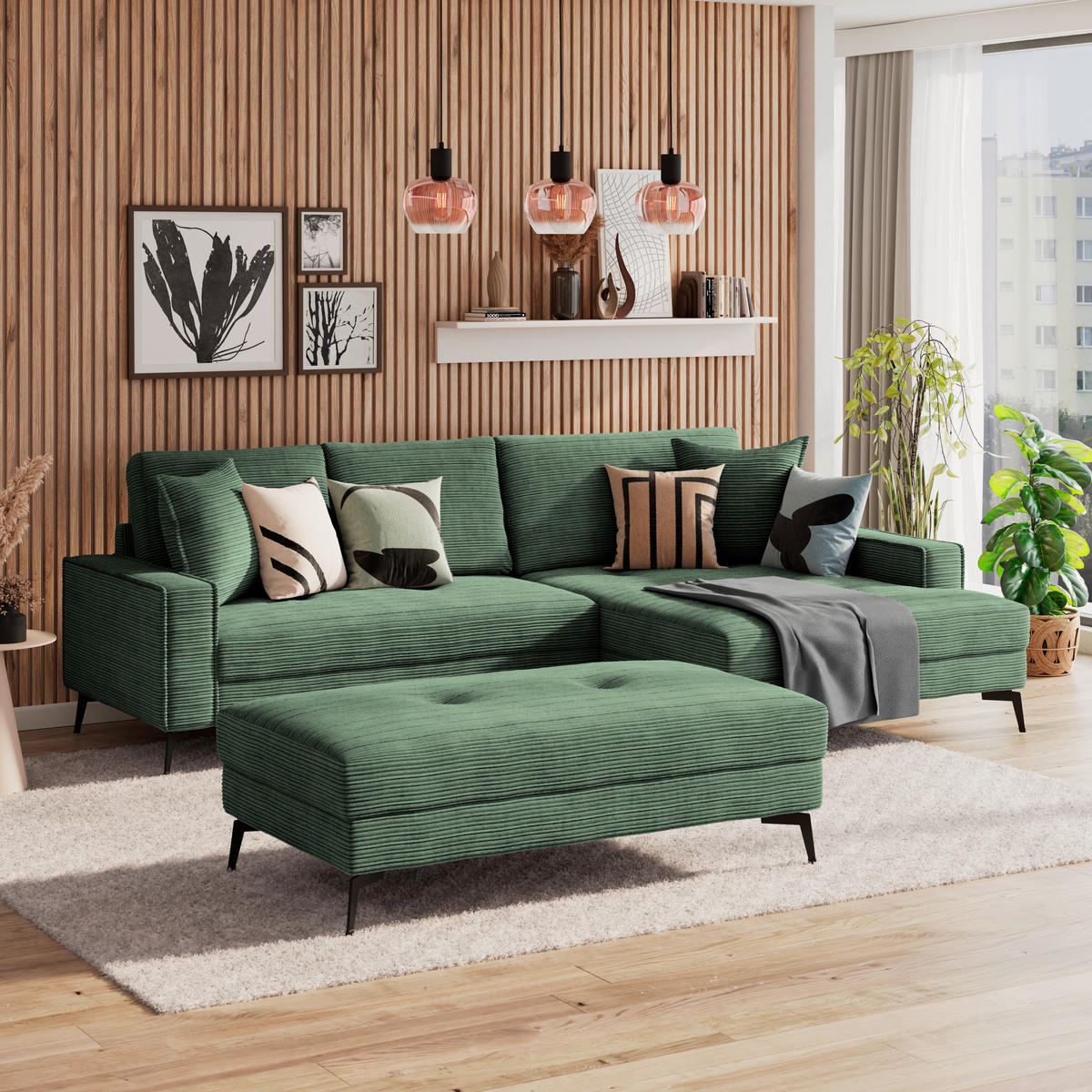 ECKSOFA ZERO Grün Cord Zierkissen, Rückenkissen  - Schwarz/Grün, Trend, Textil/Metall (286/173cm) - Livetastic