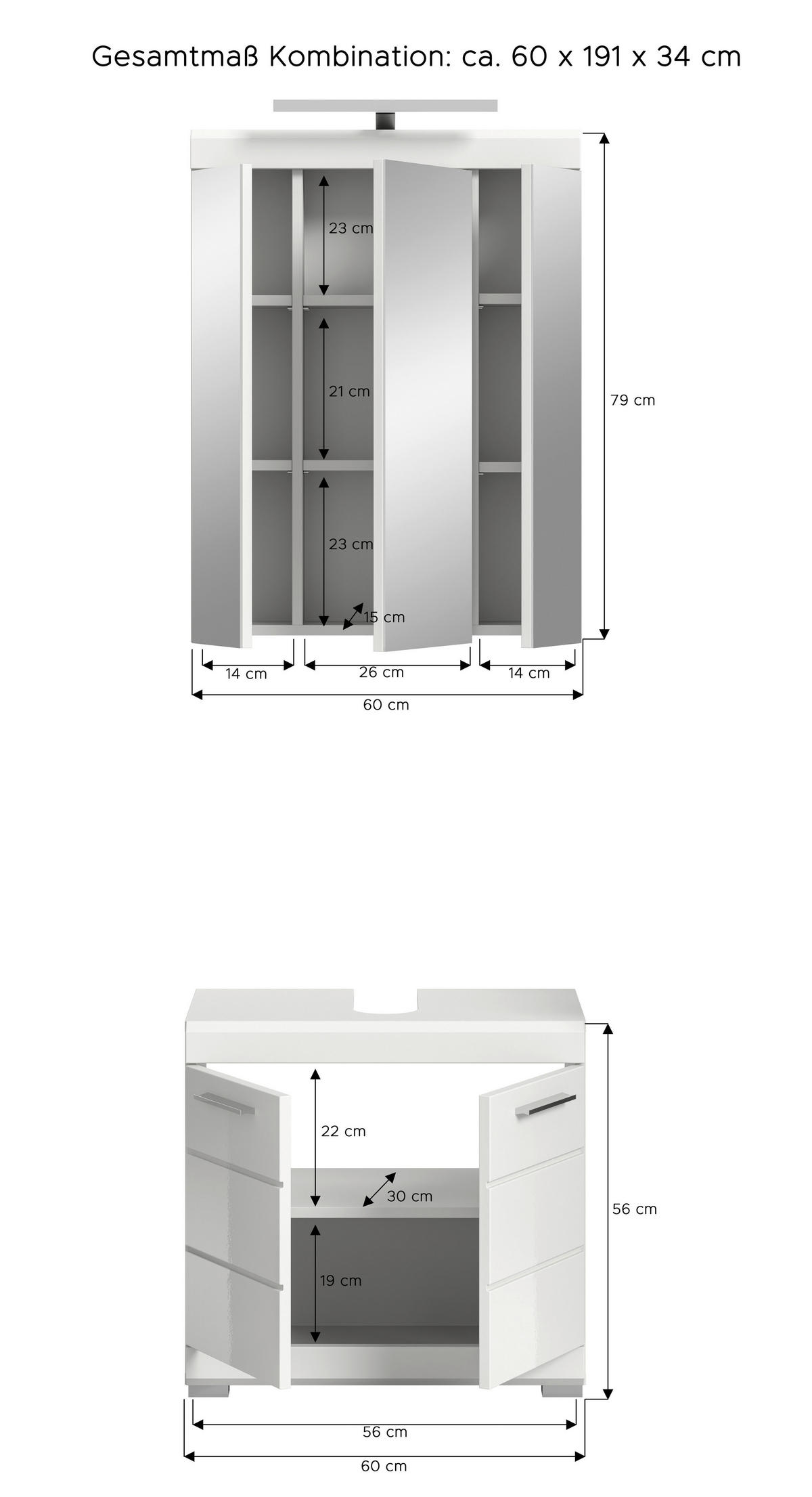 BADEZIMMER 2-teilig  in 60 cm  - Weiss Hochglanz/Weiss, Modern, Glas/Holzwerkstoff (60cm) - MID.YOU