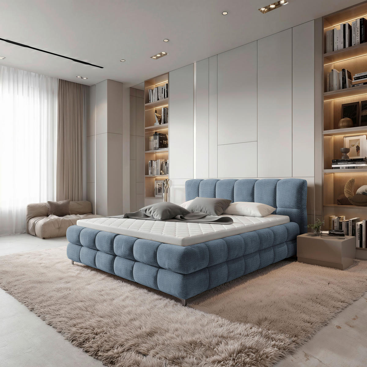 BOXBETT 160/200 cm,  in Blaugrau, gepolstertes Kopfteil, Bettkasten, Topper, H3 + H3 = fest  - Blaugrau/Schwarz, Design, Textil/Metall (160/200cm) - Ti'me