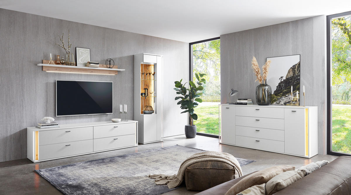 WOHNWAND  in Weiß, Eiche Artisan  275/207,5/44,2 cm  - Dunkelgrau/Weiß, Design, Glas/Holzwerkstoff (275/207,5/44,2cm) - Stylife