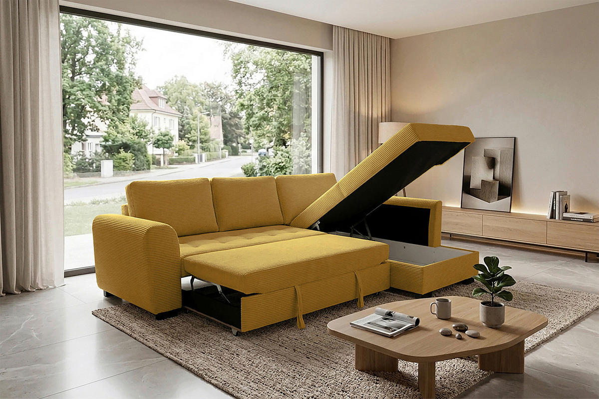 ECKSOFA JOHN Senfgelb Cord Rückenkissen, Bettkasten, Liegefläche im Originalstoff  - Senfgelb/Schwarz, Trend, Kunststoff/Textil (239/178cm) - P & B