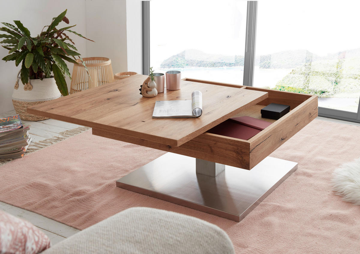 KLUBSKA MIZA, 75/38/75 cm barve hrasta  - barve nerjavečega jekla/barve hrasta, Design, kovina/leseni material (75/38/75cm) - Valnatura