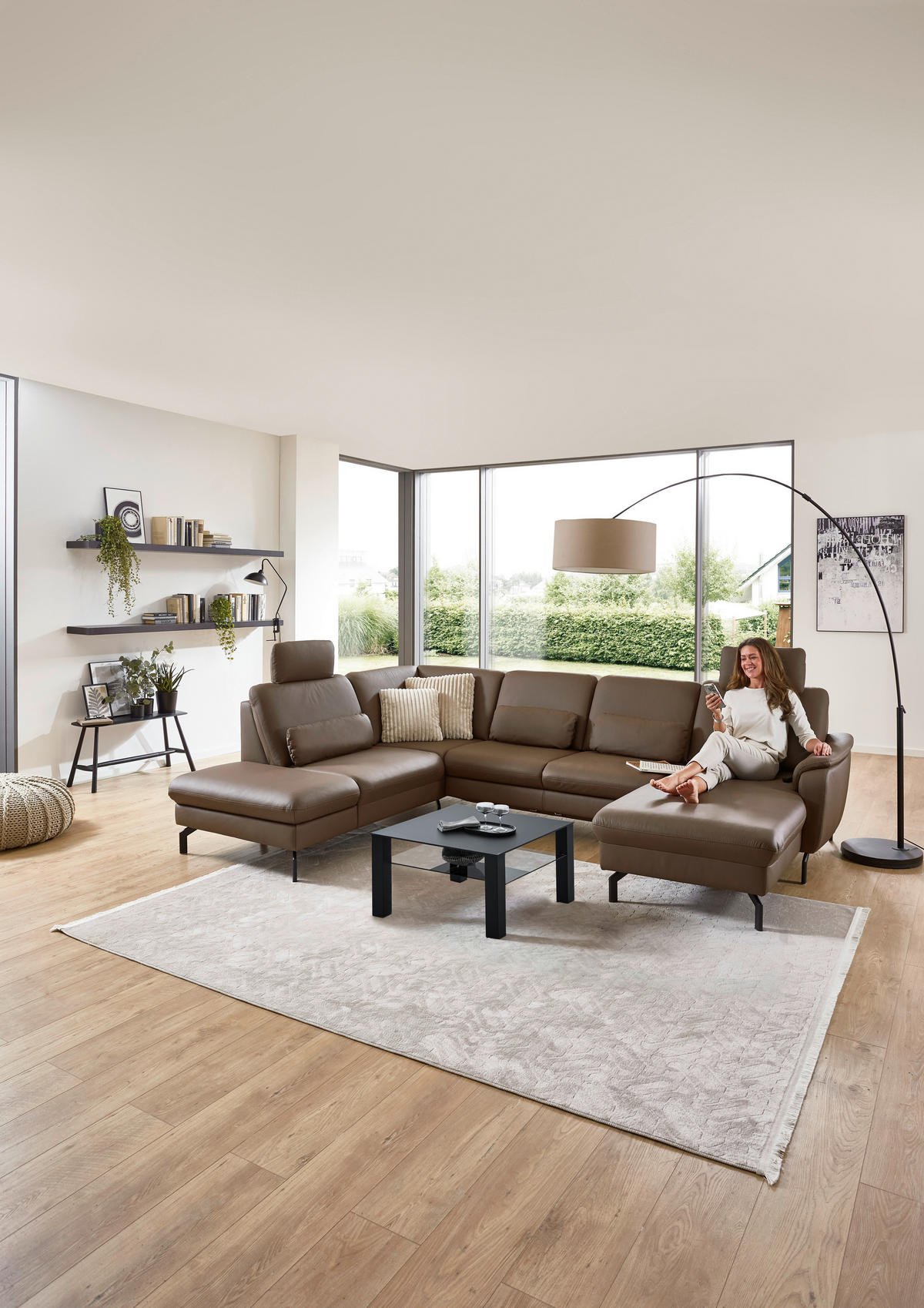 WOHNLANDSCHAFT Beldomo premium Braun Echtleder  - Schwarz/Braun, KONVENTIONELL, Leder/Metall (224/306/168cm) - Beldomo Premium