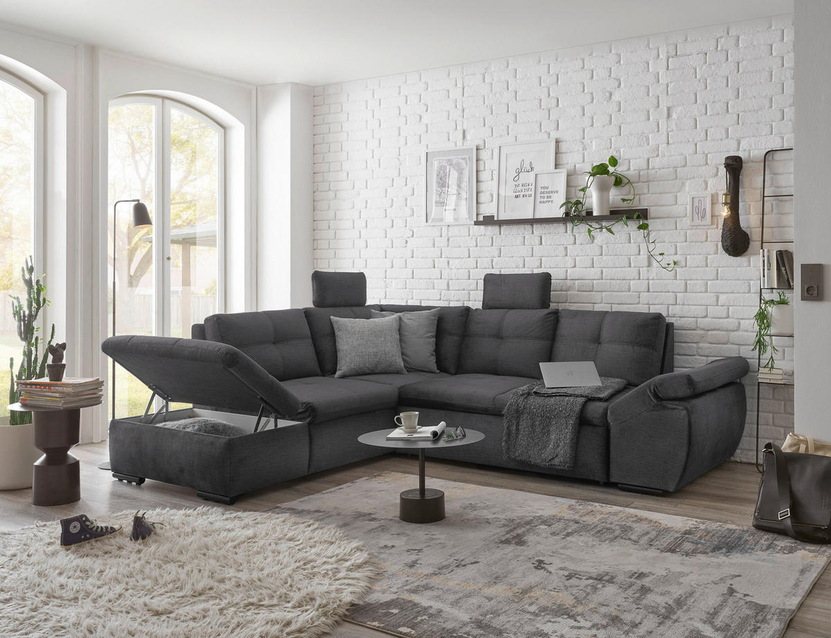 ECKSOFA Grau Mikrovelours  - Schwarz/Grau, KONVENTIONELL, Kunststoff/Textil (217/265cm) - Carryhome